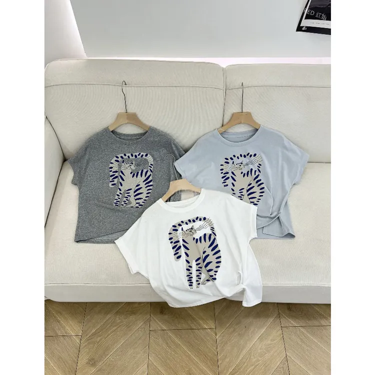 韩版超透气休闲宽松打褶卡通图案短袖t恤2025年夏季新款复古上衣