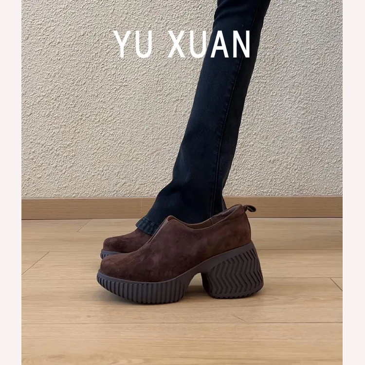 羊皮版秋冬新款乐福鞋女气质复古厚底粗跟真皮时尚深口一脚蹬单鞋