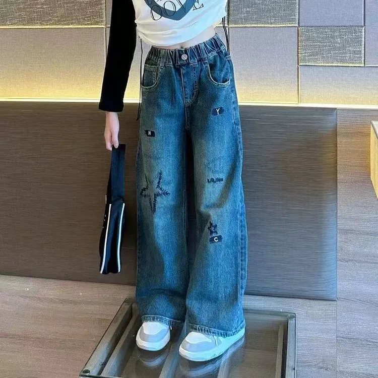 女童牛仔裤2025春装新款韩版儿童春秋长裤中大童网红春季阔腿裤子