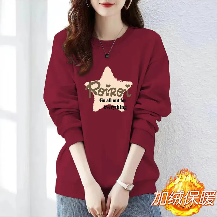 2025新款圆领加厚长袖秋冬韩版显瘦女加绒卫衣印花洋气宽松上衣