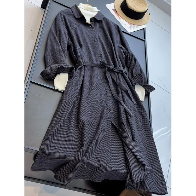 100棉 秋冬新款单排扣宽松衬衫款加厚格子连衣裙