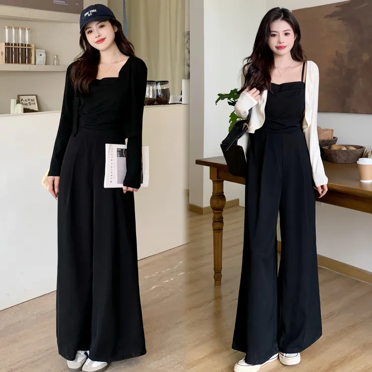 2025春季新款黑色收腰显高吊带连体裤阔腿裤+开衫外套两件套套装