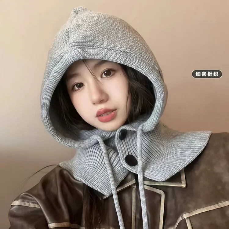 【艺凡】巴拉克拉法帽百搭显脸小保暖针织帽抽绳纽扣围脖一体潮帽