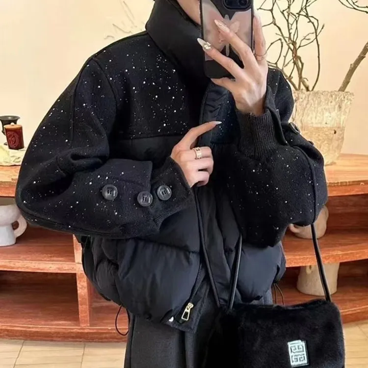 设计感韩系亮晶晶拼接棉服外套女2024冬季新款加棉加厚保暖上衣潮