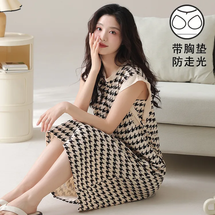 夏季睡裙女款带胸垫一体坎肩可外穿无袖网红风甜美睡衣家居服