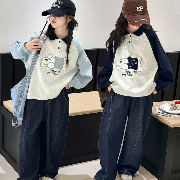 女童卫衣春秋款2025新款中大童POLO衫学院风上衣休闲宽松学生T恤