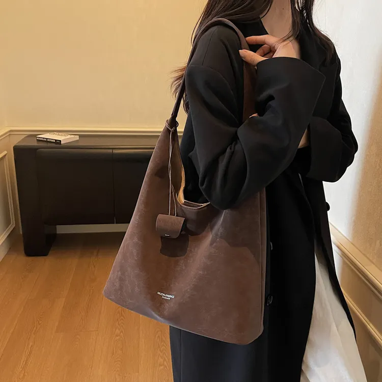 子母包带眼镜夹简约秋冬麂皮绒包包大容量单肩包通勤托特包百搭