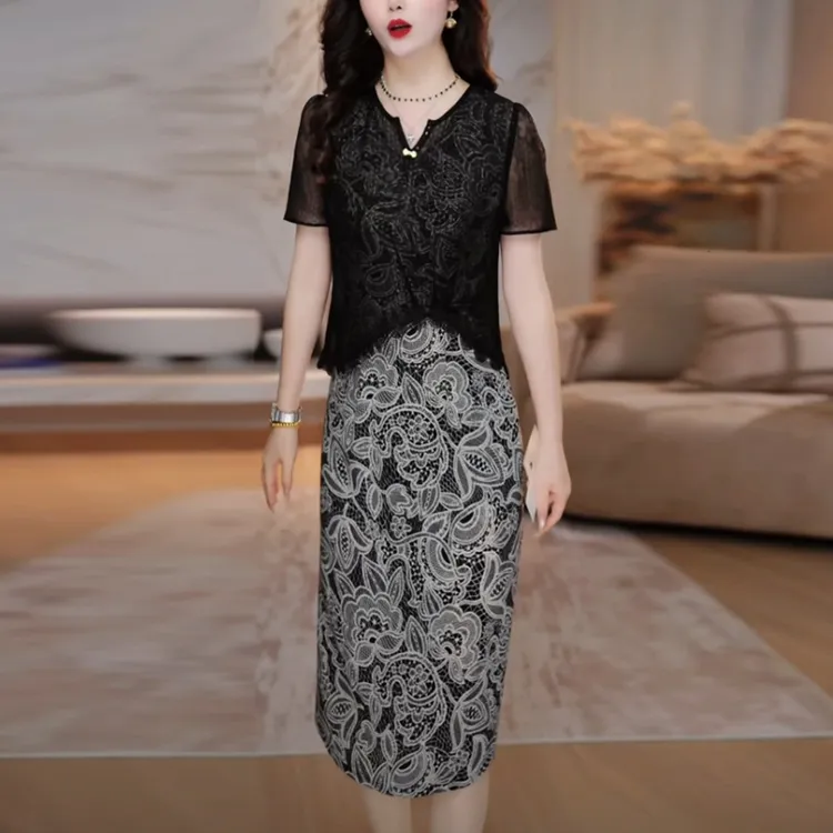 双皱丝洋气时尚轻奢女装2025夏季新款时尚气质优雅假两件连衣裙子