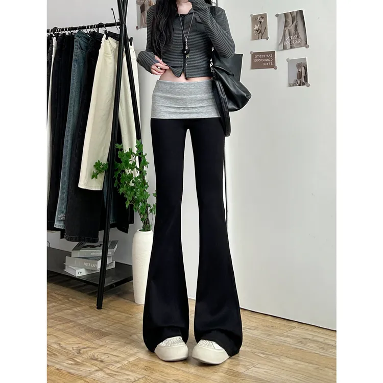 黑色拼接假两件瑜伽微喇裤女秋冬加绒修身显瘦弹力休闲拖地喇叭裤