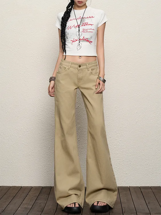 155小个子美式牛仔裤女新款卡其色低腰辣妹复古拖地不贴腿微喇裤