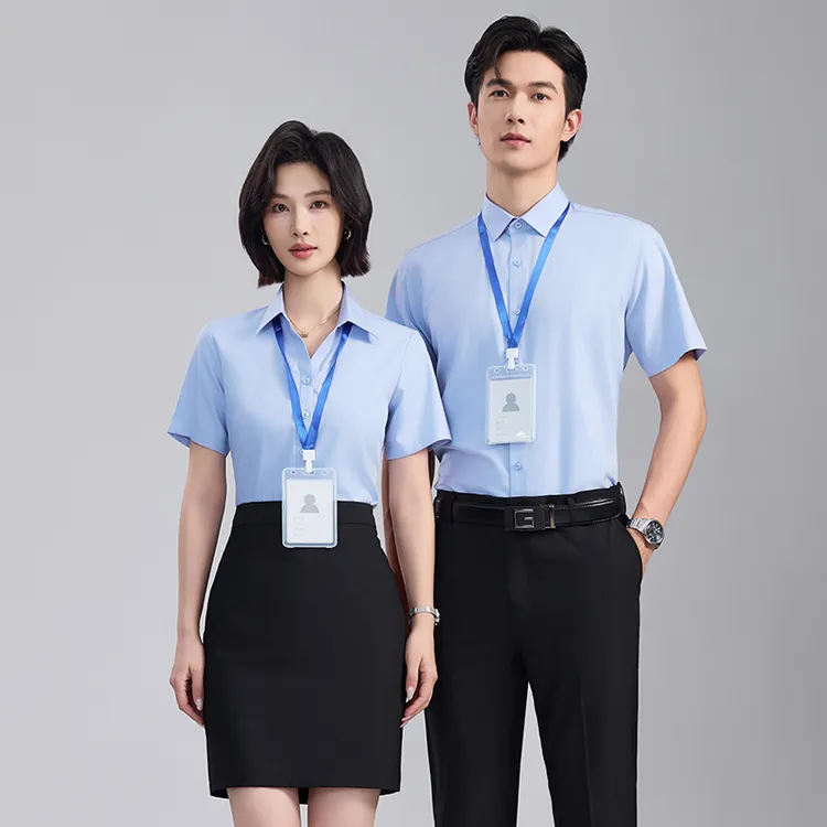 高档V领桑蚕丝衬衫工作服男女浅蓝色衬衣长短袖工装定制刺绣logo