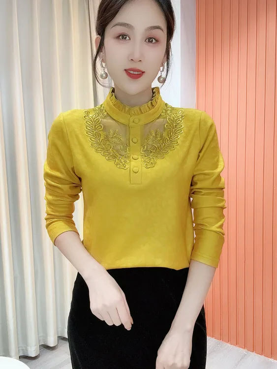 2025冬季新款半高领蕾丝气质百搭长袖减龄加绒打底衫上衣女857