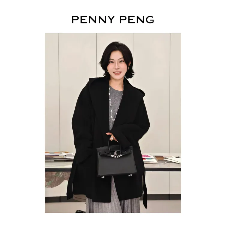 PENNYPENG浴袍大衣黑标系列早秋穿搭连帽宽松时尚百搭羊绒大衣