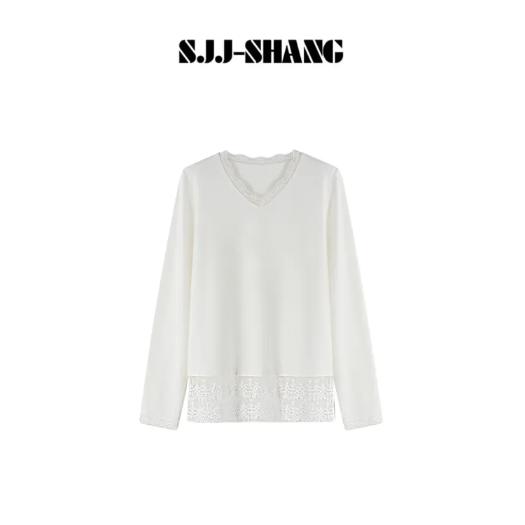 SJJ-SHANG【温泉蕾丝】蕾丝拼接V领细腻纹理高级感T恤上衣q136247p