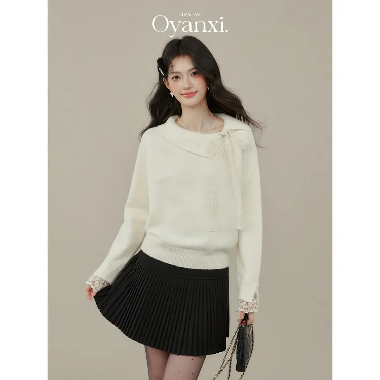 欧阳喜【搭配王者】秋冬法式高级感蕾丝拼接翻领针织衫毛衣