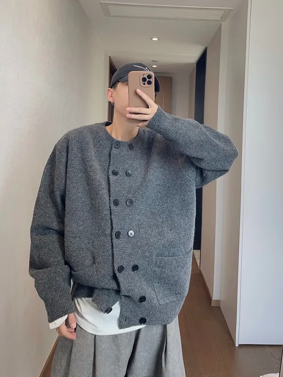 秋冬季复古宽松百搭圆领黑灰纯色双排扣开衫针织开衫毛衣外套男装
