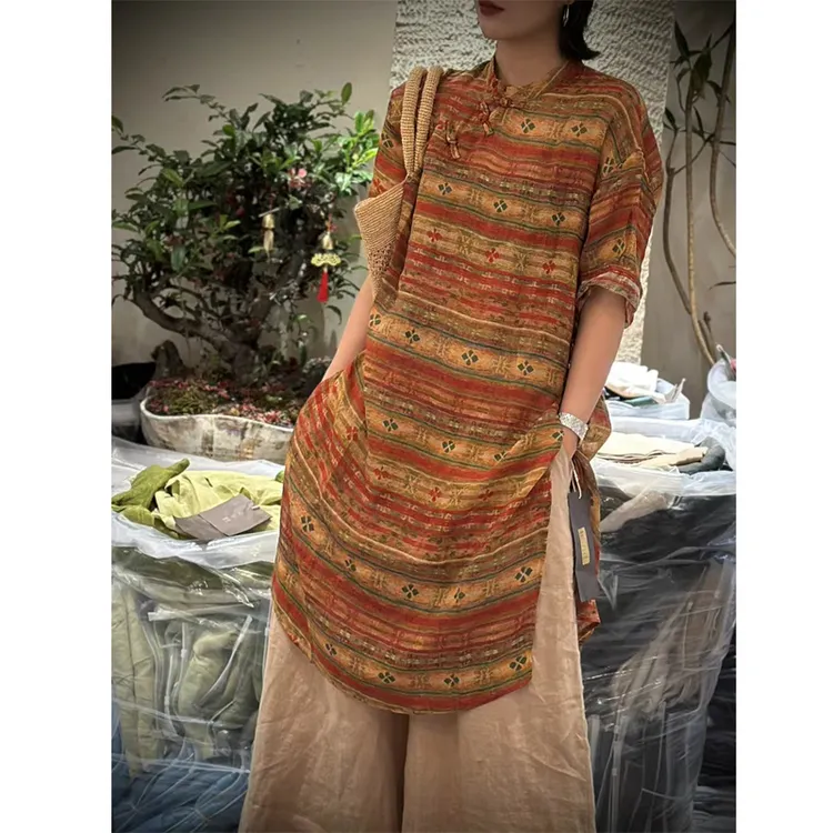 苎麻连衣裙女2025新款夏高级感新中式改良盘扣斜襟印花禅国风旗袍