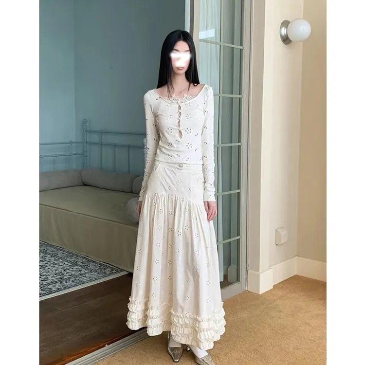 春季新款复古辣妹镂空刺绣花边针织上衣气质木耳边半身裙两件套女