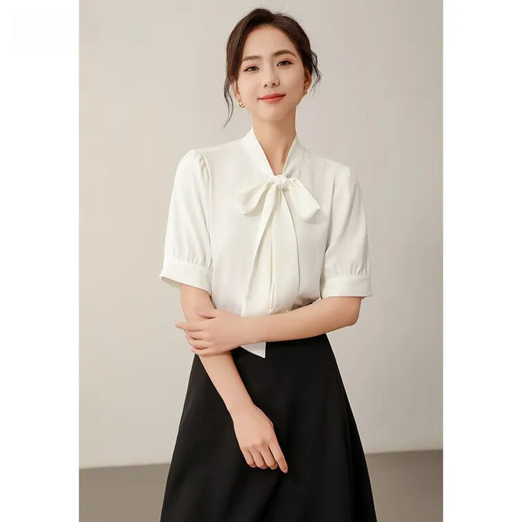 KALUOLAI/卡洛莱蝴蝶结白色衬衫女夏季短袖小众飘带雪纺气质上衣