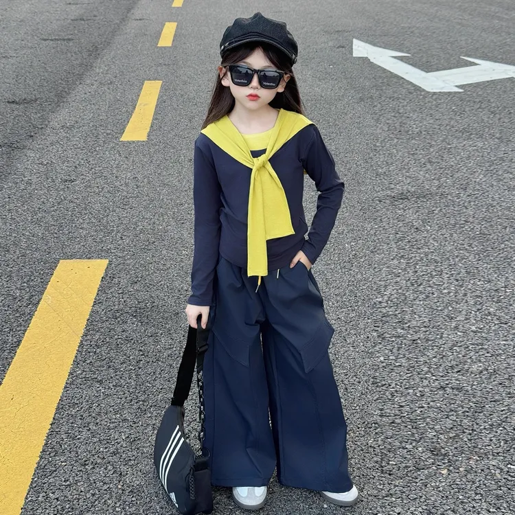 女童秋装套装2025新款洋气时髦大儿童装秋季休闲上衣阔腿裤两件套