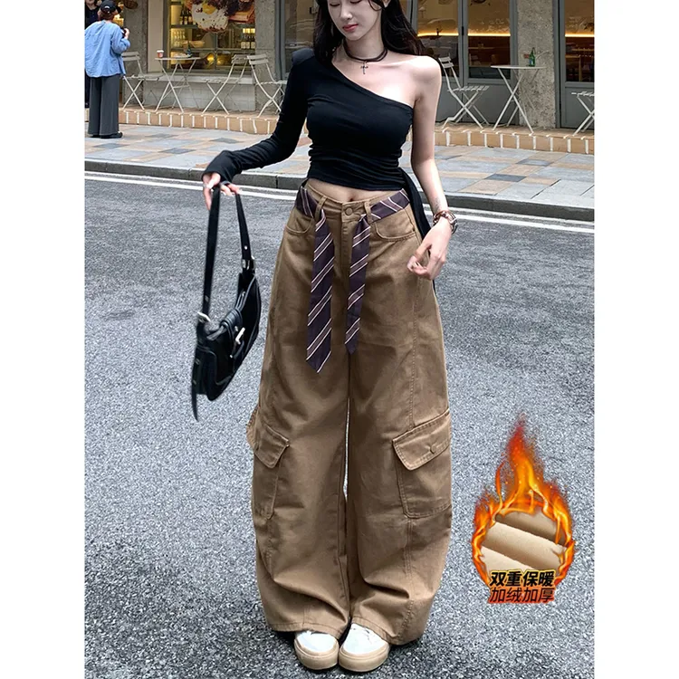 加绒高腰丝带工装阔腿牛仔裤女2025冬季新款高腰垂感休闲弯刀长裤