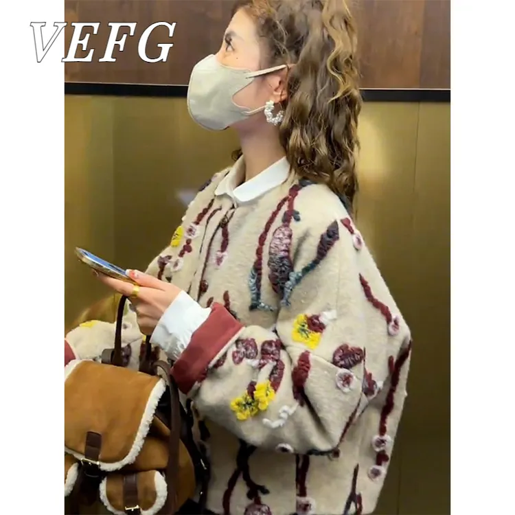 重工毛呢提花夹棉内搭棉服外套女2025冬季新款复古慵懒风保暖上衣