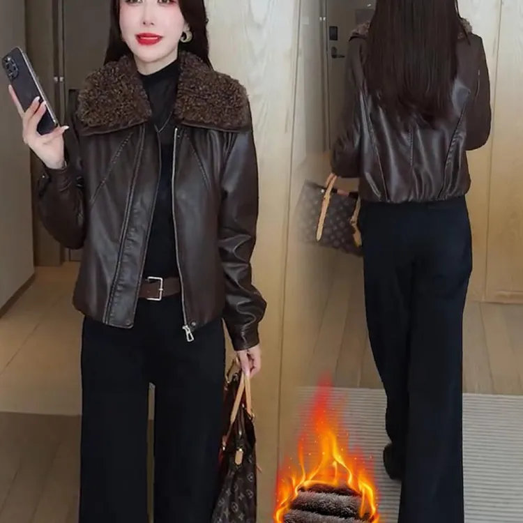 时尚加绒加厚短款皮衣外套女2025年冬季新款保暖显瘦PU皮棉袄夹克