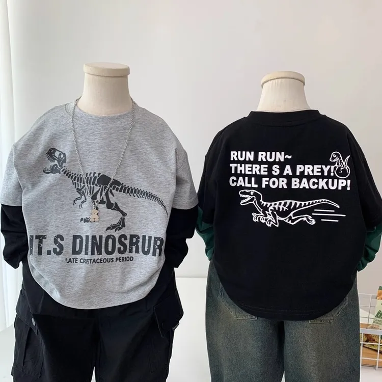 儿童假两件T恤春装2025新款男童卡通恐龙上衣中童纯棉圆领打底衫