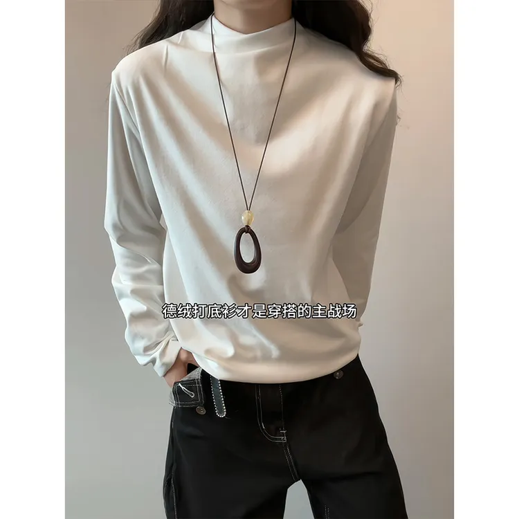 半高领德绒打底衫男款秋冬美式交叉领长袖T恤复古慵懒风套头内搭