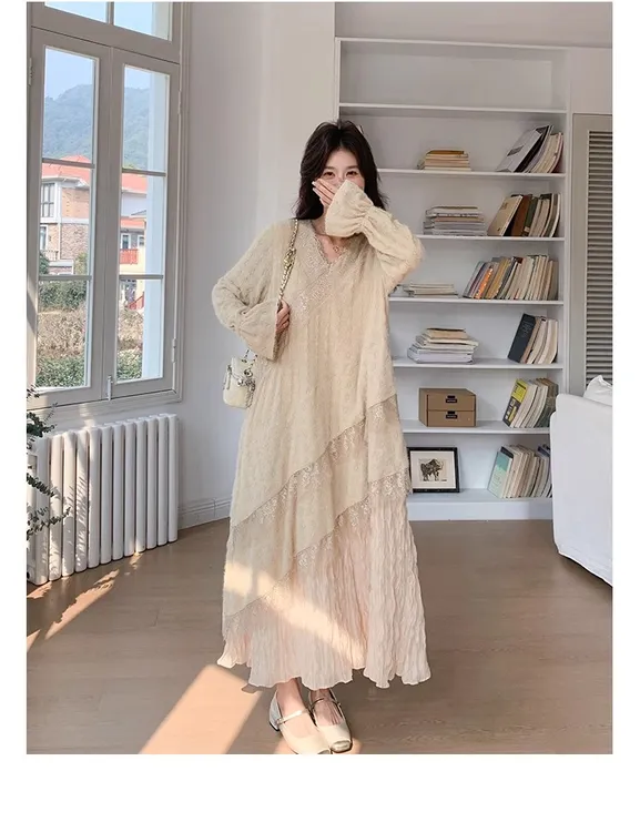 重工针织提花压褶连衣裙女秋冬长袖蕾丝长裙内搭设计感慵懒风宽松