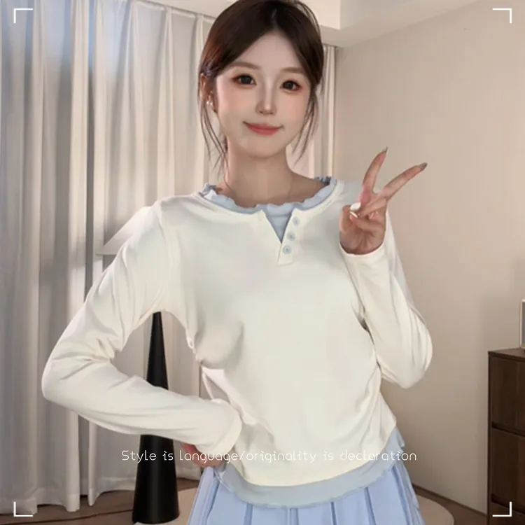 韩系撞色木耳边拼接假两件纽扣设计温柔风收腰显瘦长袖T恤上衣女