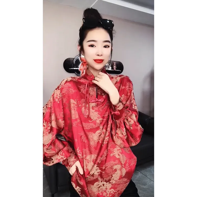新中式立领衬衫复古春季中式印花长袖春秋外套上衣2449新年战衣女