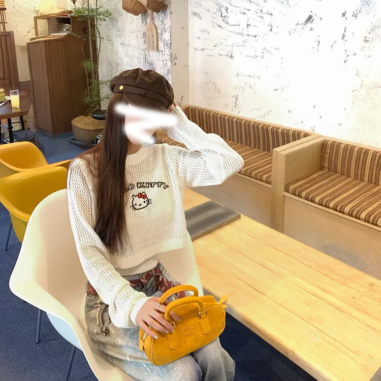 镂空设计感Kitty印花短款长袖T恤女秋季百搭显瘦毛衣针织衫套头女