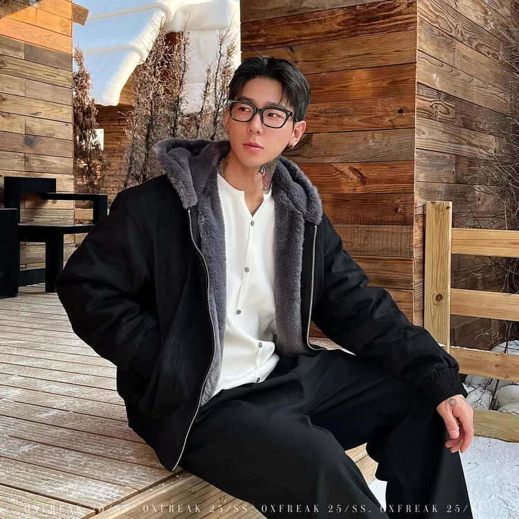 OXFREAK「定染麂皮 座山雕」咖色夹克棉服男连帽加绒加厚冬季外套