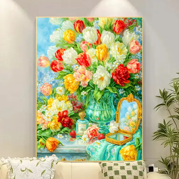 郁金香花桌2025新款钻石画方钻满钻手工diy贴钻画客厅点钻钻石绣