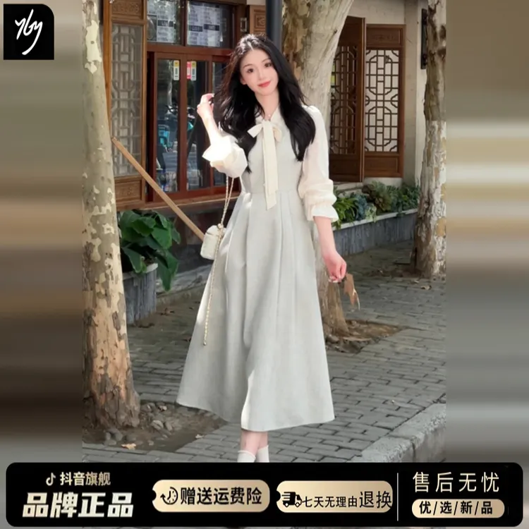 法式白色长袖连衣裙子女早秋季2025新款小个子气质收腰巨好看长裙