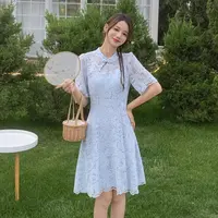 无印心匠B87801-2新中式复古盘扣立领镂空刺绣钩花夏季连衣裙K032