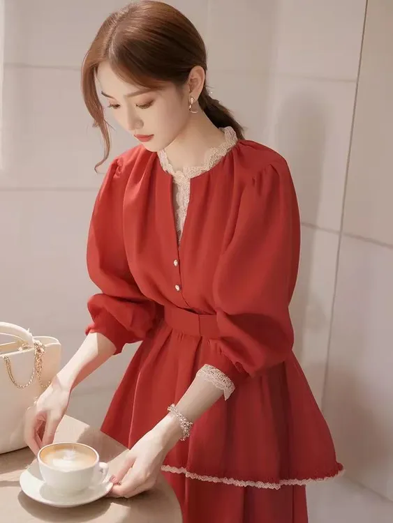 洋气红色蕾丝花边衬衫设计感女小衫气质法式别致上衣半裙套装显瘦