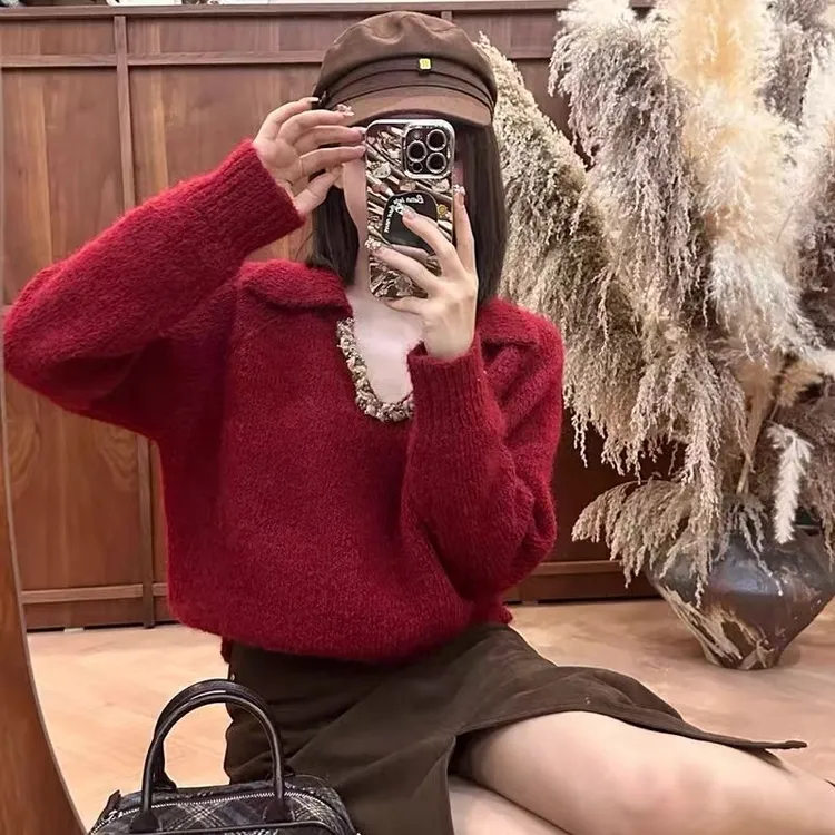 【高个子定制】法式V领重工亮片套头毛衣