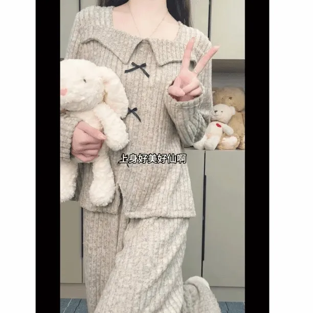 胖MM秋冬季气质雾霾咖休闲宽松加厚长袖长裤300斤可穿套装家居服