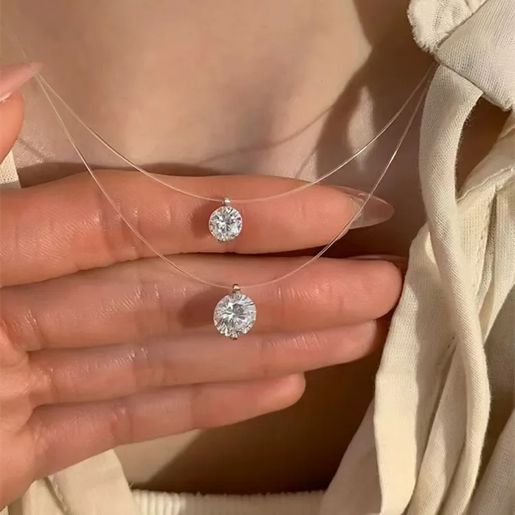 非金属树脂项链 透明鱼线项链女锁骨链隐形锆石人鱼眼泪鱼颈链