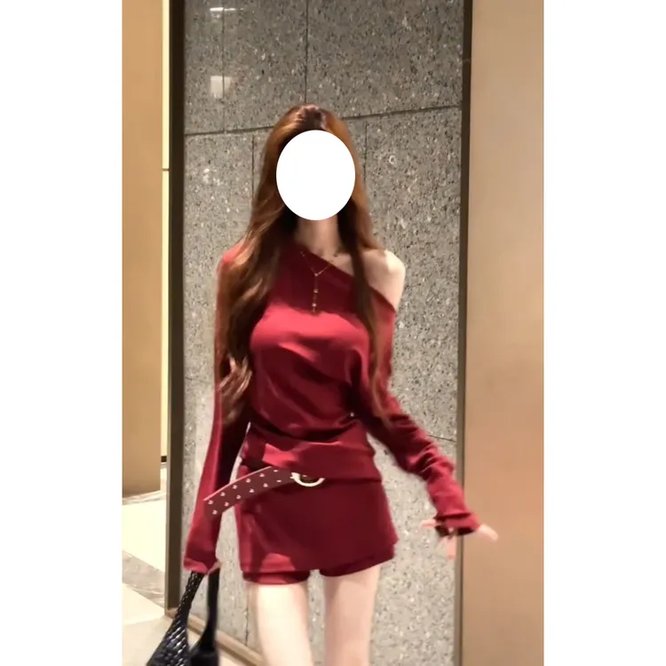 韩系chic露肩套头长袖上衣女防走光短裙半身裙子小个子时尚两件套