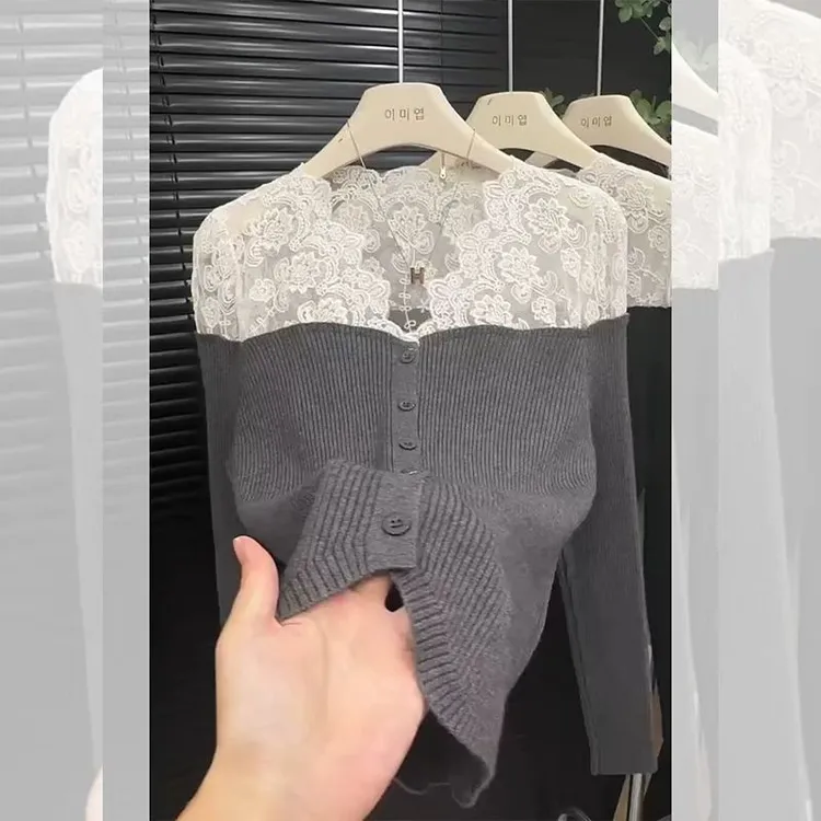 法式灰色蕾丝拼接开衫毛衣女秋冬内搭打底衫独特超好看针织衫上衣