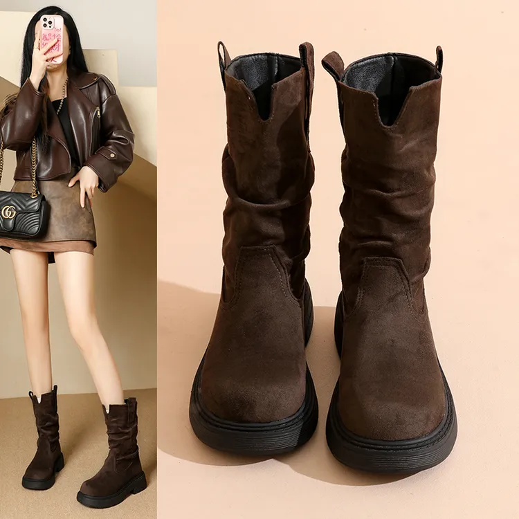 35码靴子女款复古反绒皮百搭中筒棉靴2025秋冬季新款不过膝马丁靴