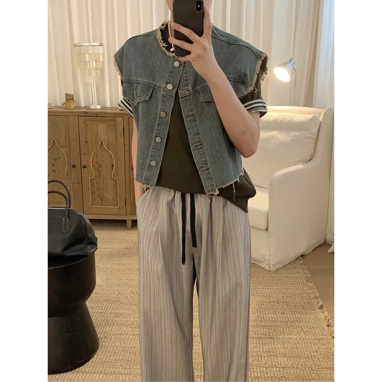 阿茶与阿古破边牛仔小马甲男款夏季休闲无袖牛仔夹克外套A2505306