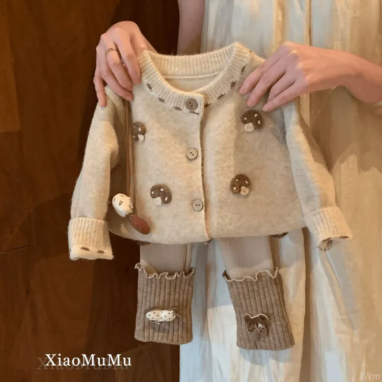 女童春秋套装2025新款女宝宝洋气秋季网红毛线外套打底裤两件套潮
