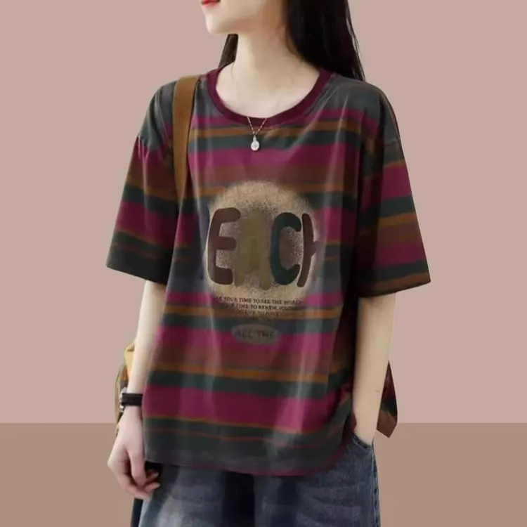 复古夏季新款条纹短袖T恤女士上衣爆款大码女装遮肚子胖mm2-300斤