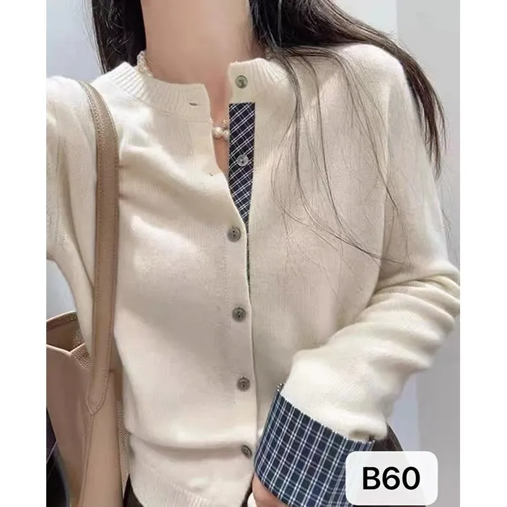 格子拼色开衫款气质通勤小香风拼接白色毛针织衫春秋长袖短款百搭