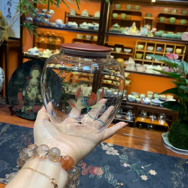 荷花茶罐密封透明家用日式带盖