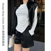 艾珂妮8071【长袖T恤衫】设计感烫钻褶皱堆堆风休闲长袖纯色T恤衫